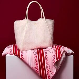 Victoria's Secret Cozy Blanket Throw and Faux Fur Tote Bag Set - White Pink